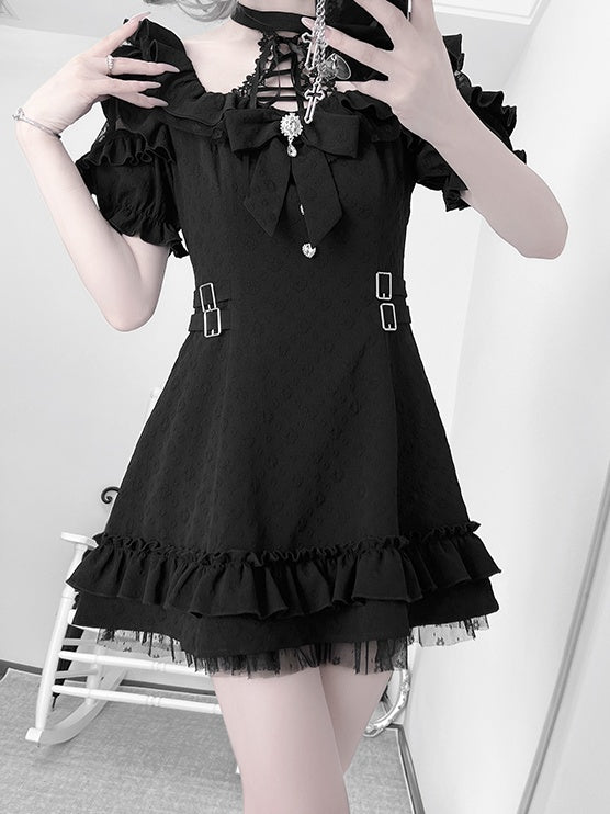 Detail Lace-up Jirai Kei Halter Neck Dress with Bow Black Tie