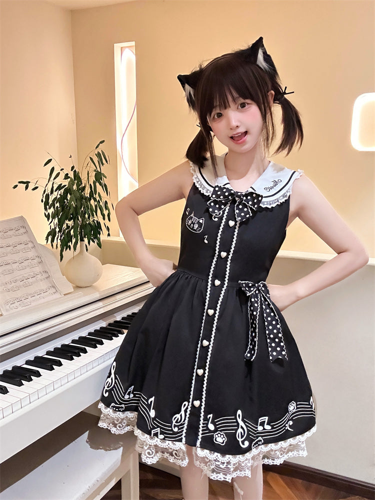 Design Sleeveless Melodic Kitty Black Sailor Collar Keyboard Dress Back