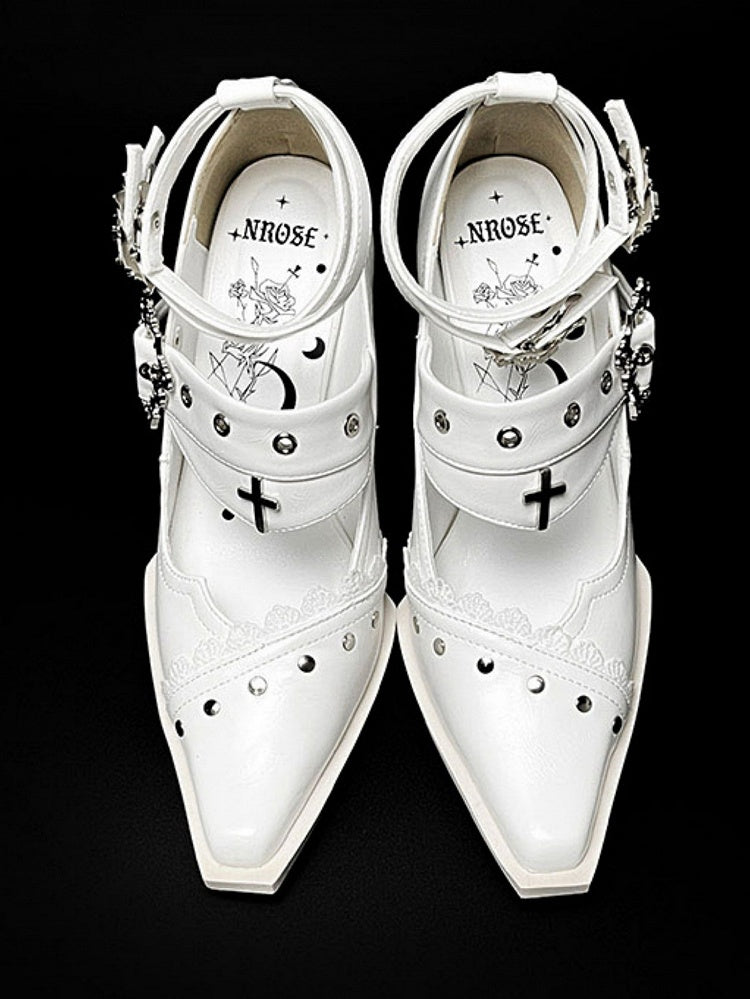 Punk Pointed Toe High Block Heels in White Coffin Buckles and Metal Cross with Gothic 8.5cm