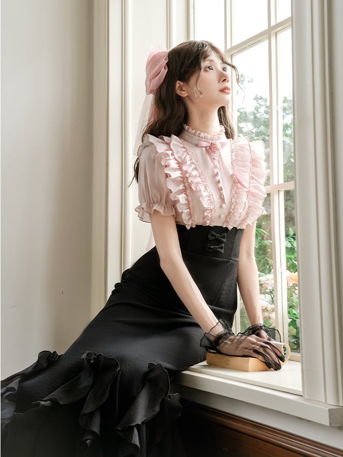 Pieces Pink Waist Blouse Elegant Fake Two Lolita Boned Skirt Design Black and Dress Mermaid