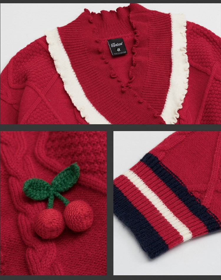 Rote Weihnachtsstrickjacke mit V-Ausschnitt und Kirschverzierung