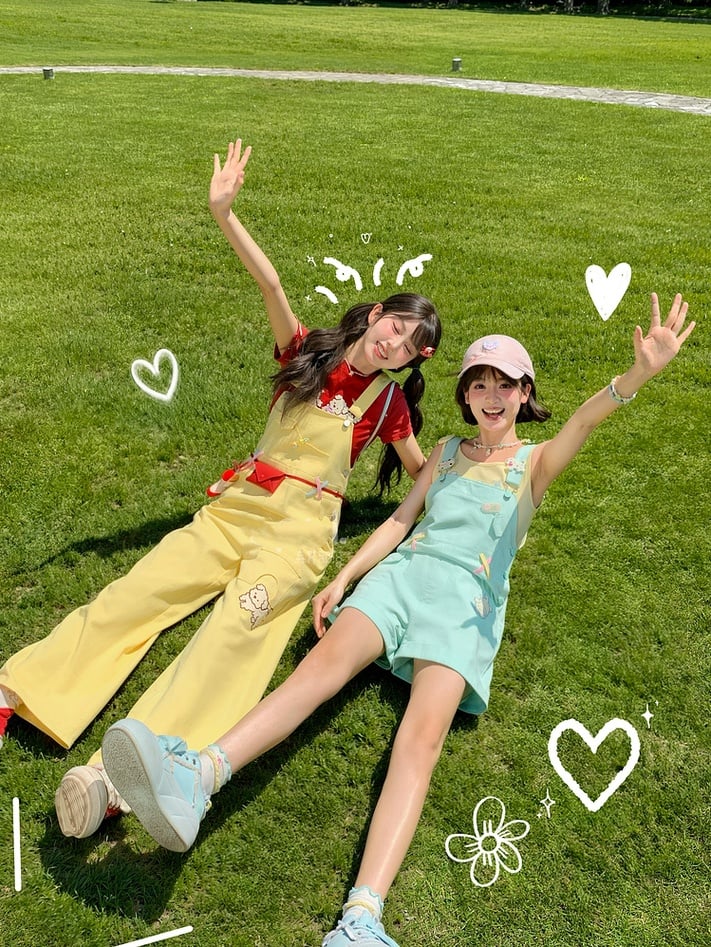 Cut Cartoon Puppy Embroidery Straight-leg Yellow Overall Pants