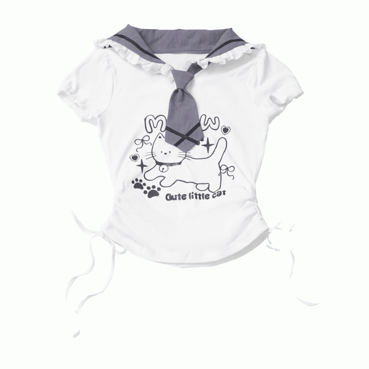 Side Armwear Free Ears with T-shirt Kitty Design Sailor Collar White Drawstring