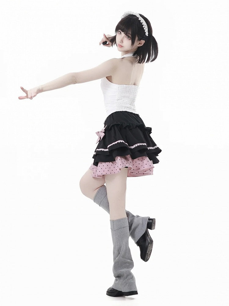 取り外し可能なリボン付きティアードスカート ブラックとピンクの水玉模様