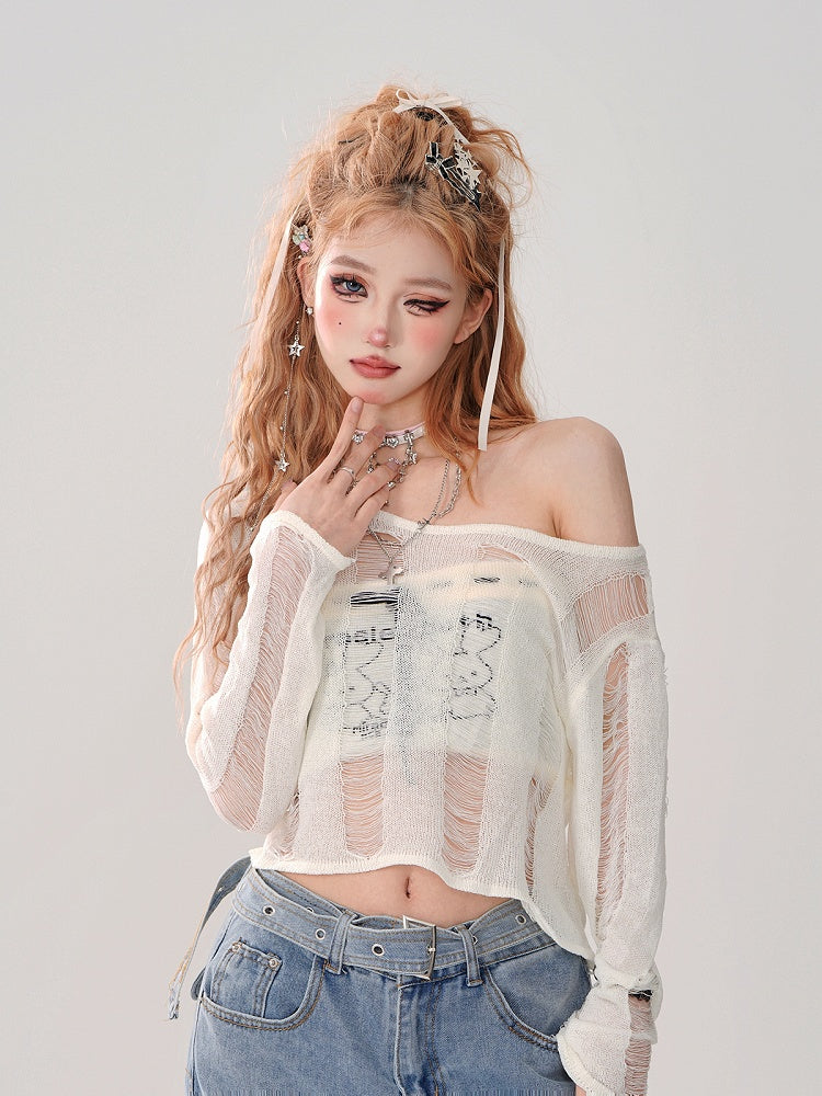 Cropped Beige Knit Top with Intricate Distressed Asymmetrical Holes