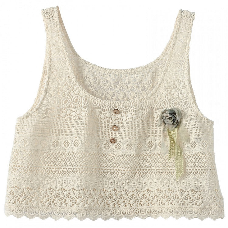 Floral Accent Beige Vest Hollow-Out Lace