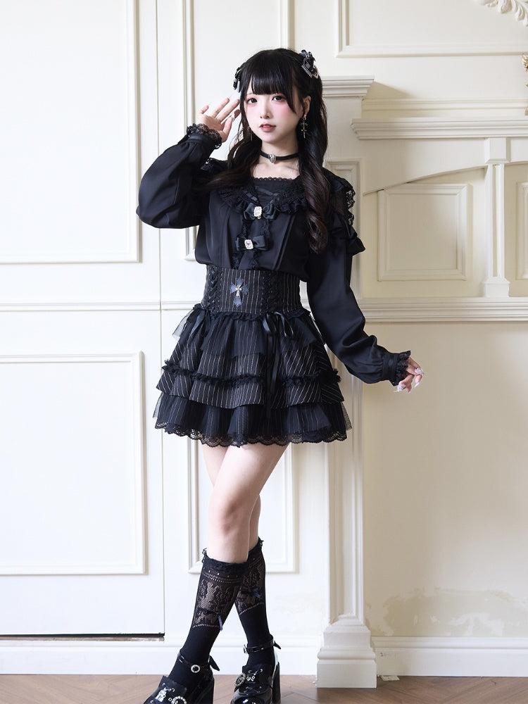 Black Rhinestones Bowknots Blouse Jirai Kei Sailor Collar Ruffled Lace Trim