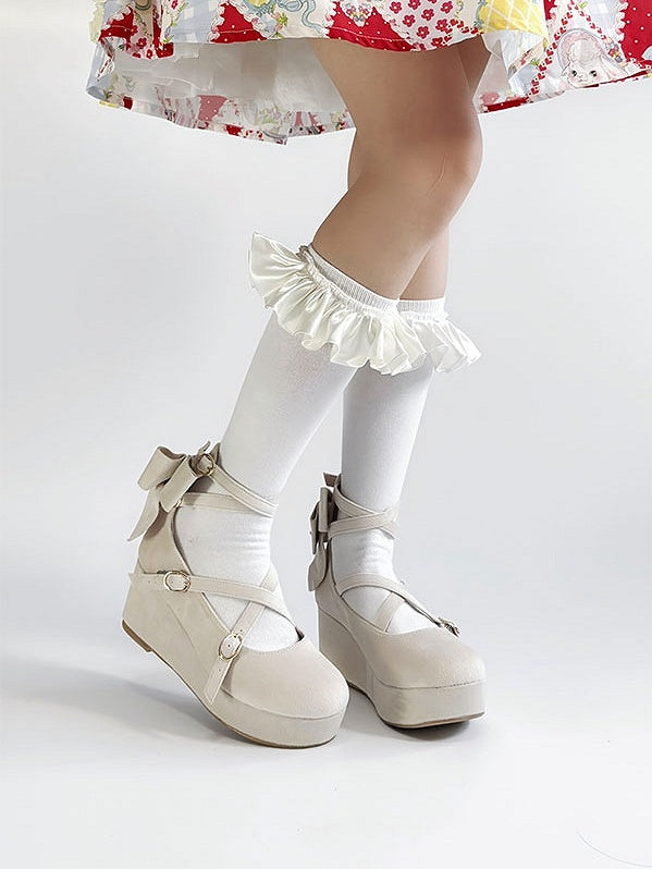 Platforms Crisscross Velvet Toe Round Sweet Bow Design - Wedge Beige Lolita Accent