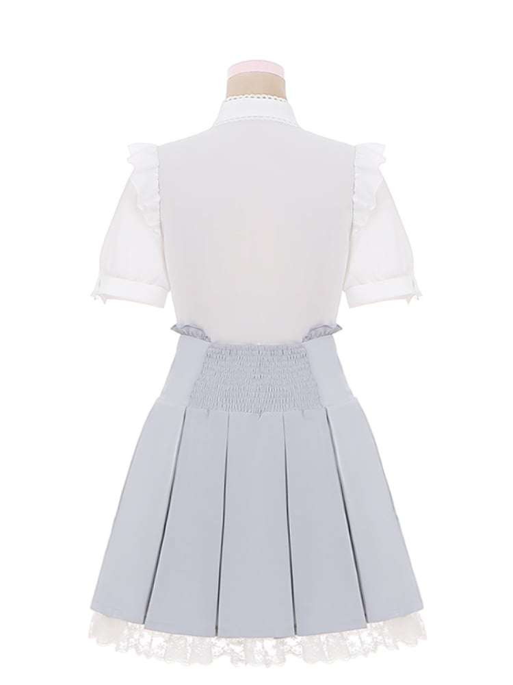 Accents Trim Jirai Light Blue Box Pleat Skirt Lace Ruffled Rhinestone Kei