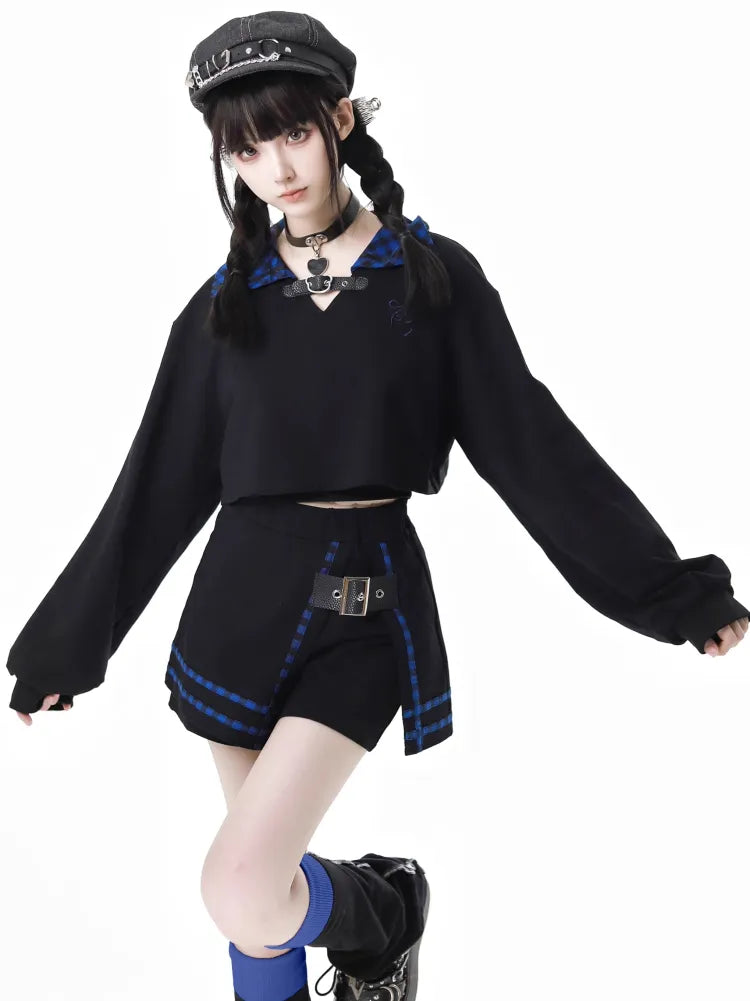 Blue Free Dark Sweatshirt mit Cami-Kragen Top Plaid Cropped Schwarz