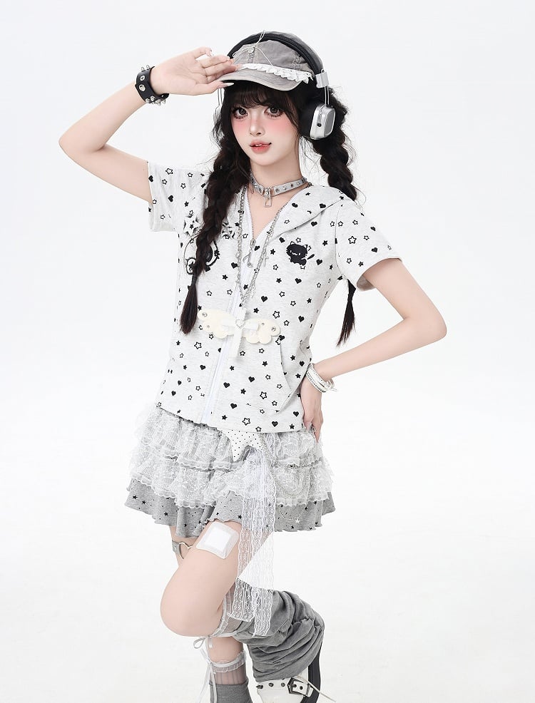 White/Black Y2K Star and Heart Print Zip-up Off Kitty Ears Hood Allover Jacket