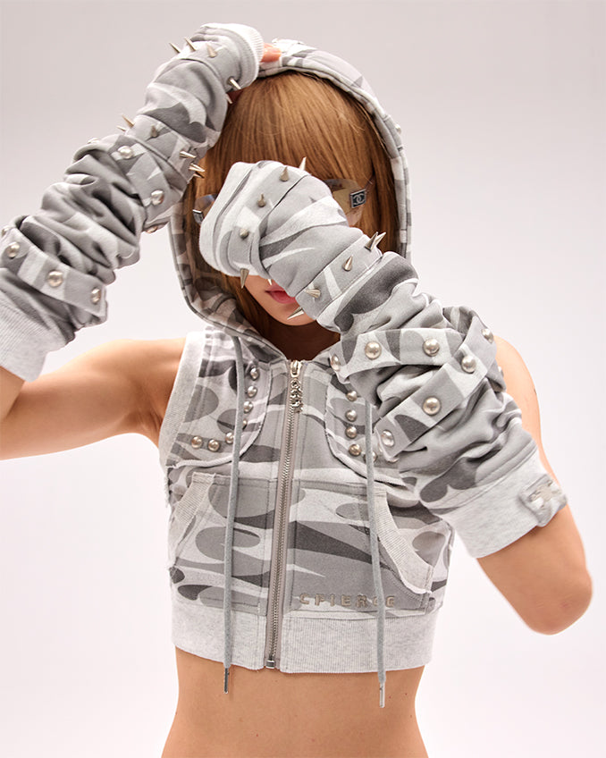 Criss-cross Straps Studded Gloves Black/Gray/Pink