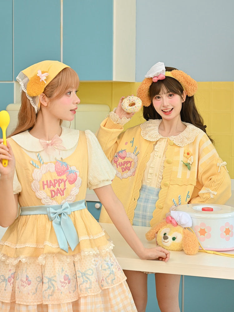 Strawberry Cake Embroidery Bow Creamy Yellow Tiered Lolita Dress Sweet Skirt Big