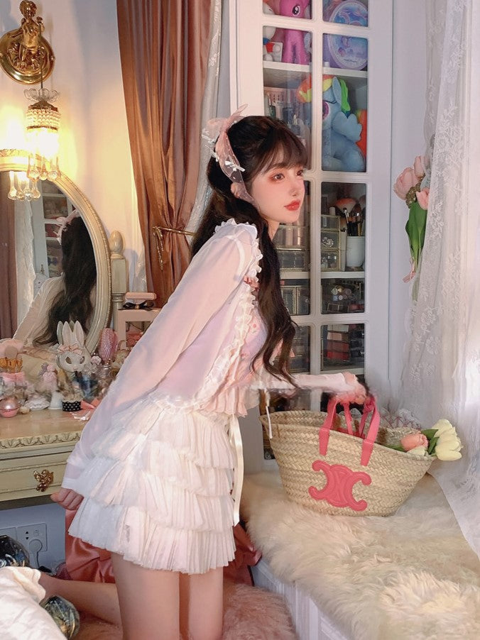 Bow Knit Pink Straps Lace Trim Cardigan With Self-tie