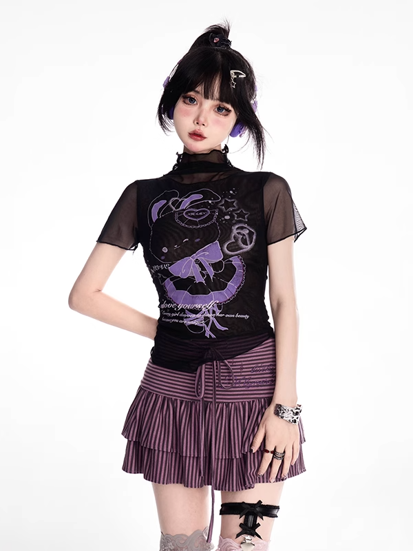 T-shirt Black Mock Neck Mesh Y2K Cute Bunny Print Curved Hem