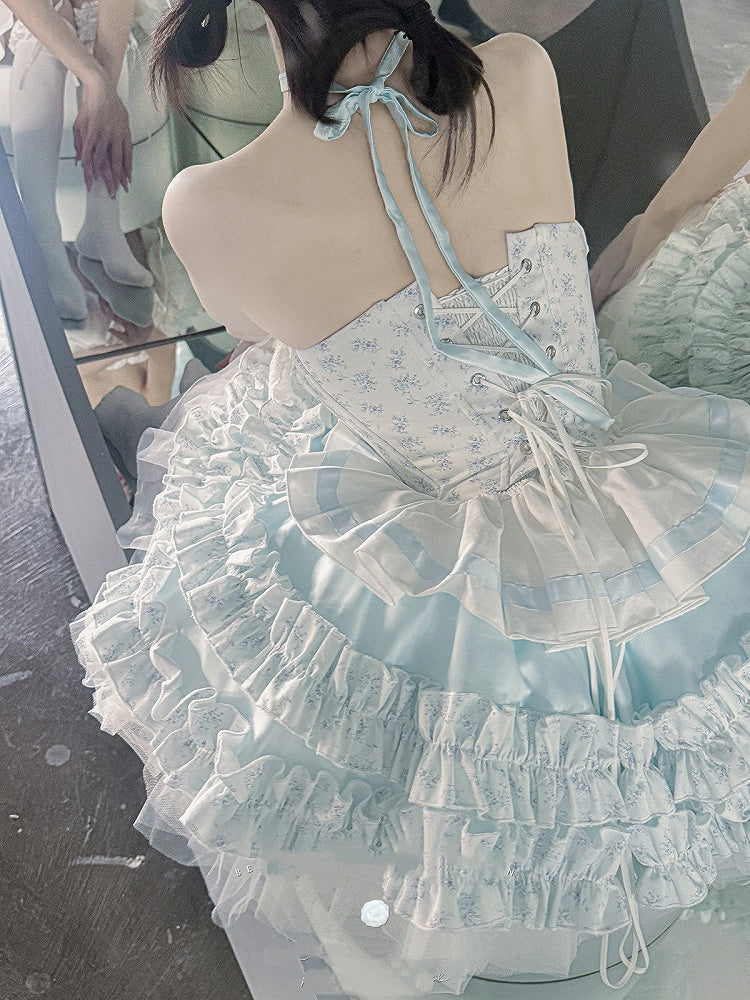Cropped Details Bodice Floral Strapless Top + Tiered Skirt + Ful Blue Bowknot on Set Top