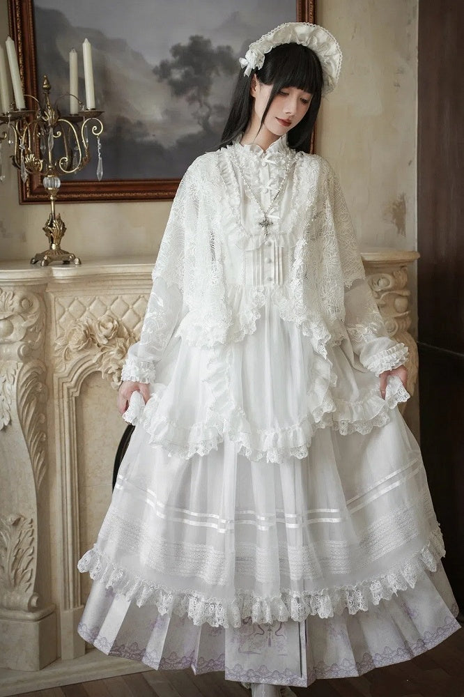 Long Skirt Floral Sleeves Purple + Lolita Print Han Horse-face and Light Blouse White Set Full Snake