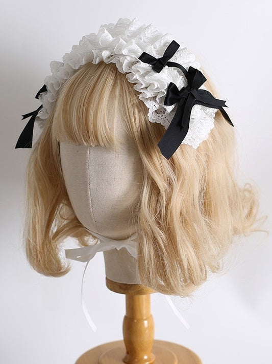 詳細 ヘアバンド ロリータ メイド 蝶結び ブラック ホワイト フリル