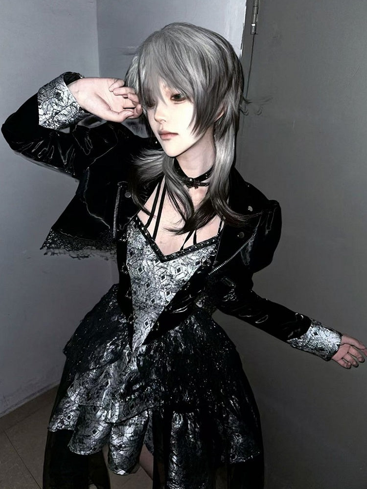 Black 45CM Ouji Bangs Ombre Straight Gray And With Style Length Wig