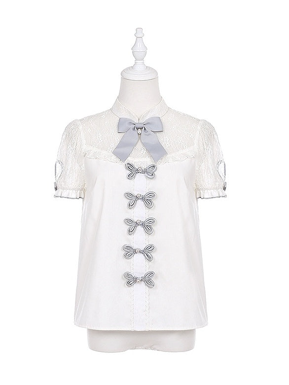 Illusion Details White Grey Bowknot Jirai Kei Neckline Blouse