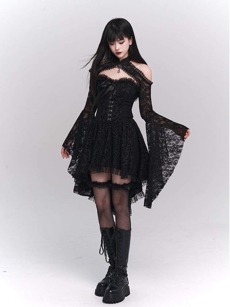 Gothic Black Off-the-shoulder Neckline Lace Ruffled High-low Dress