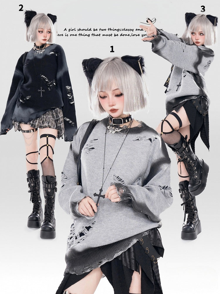 Y2K Black/Grey Butterfly Shaped Distressed Holes Round Neck Sweater