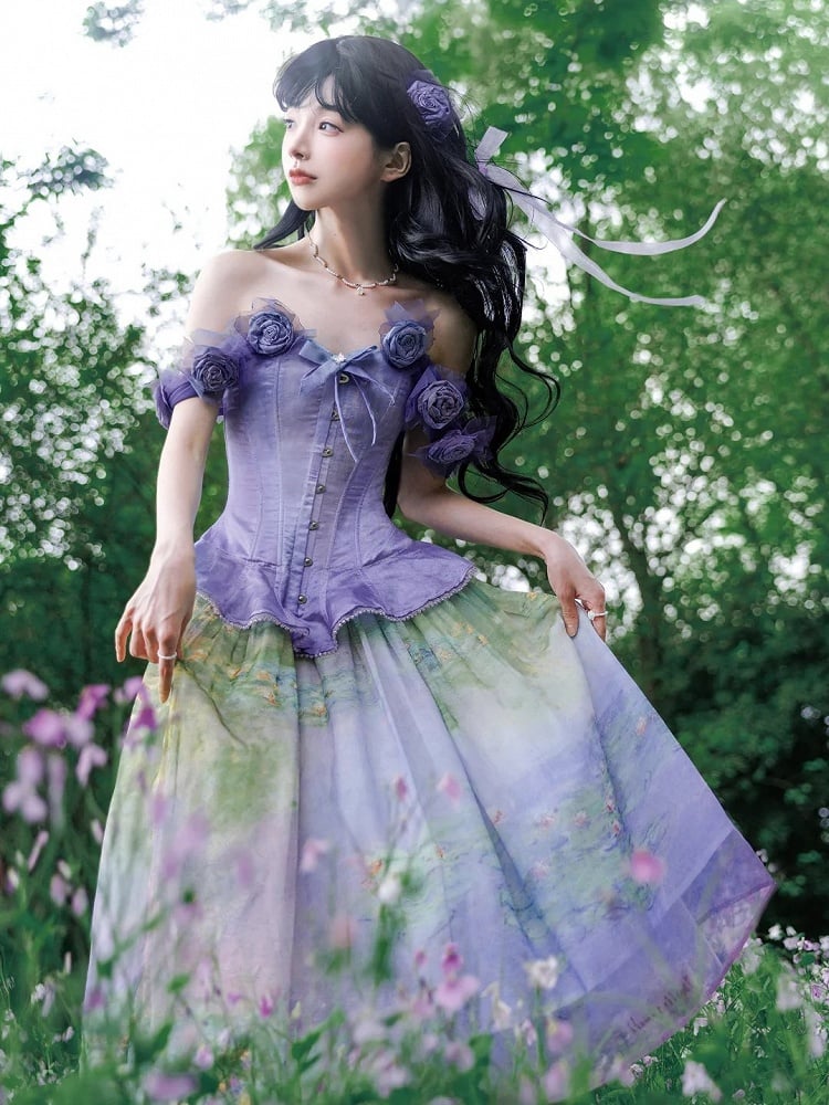 Boned Corset Top with Detachable Floral Adornments Purple Flounce Hem