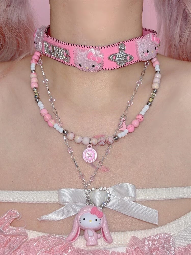 キティペンダント マルチレイヤー ピンクビーズネックレス