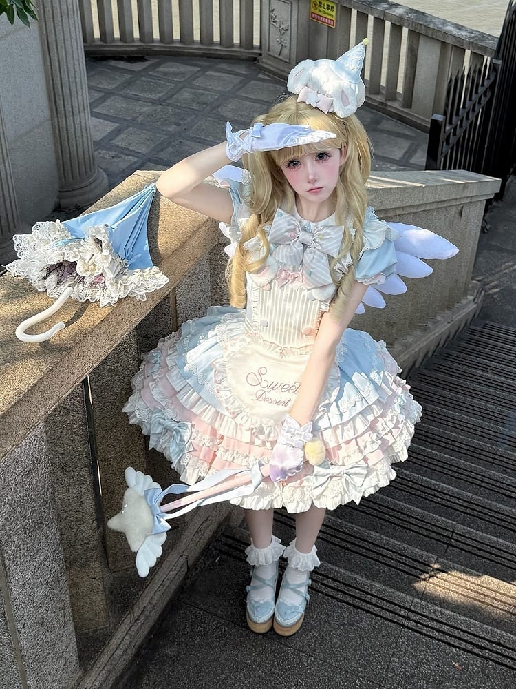 Lolita Blue Bunny Pink Maid and Puff Theme Sleeves Dress Sweet