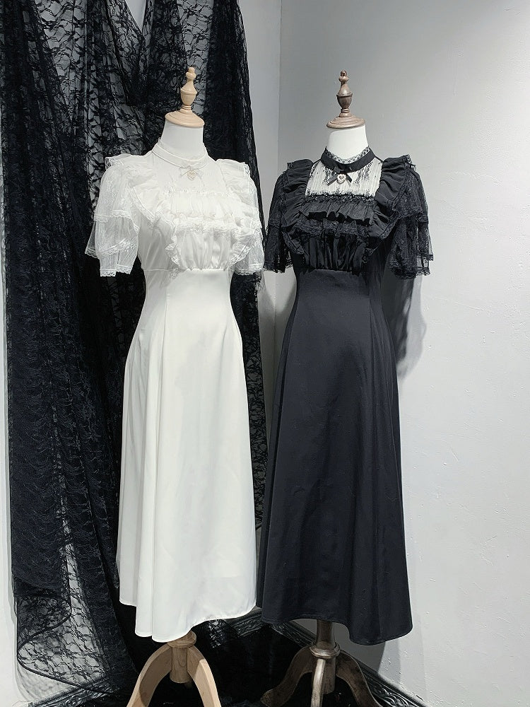 Jirai Kei Black/White Illusion Waist Neckline Ruffled High Lace Dress Trim