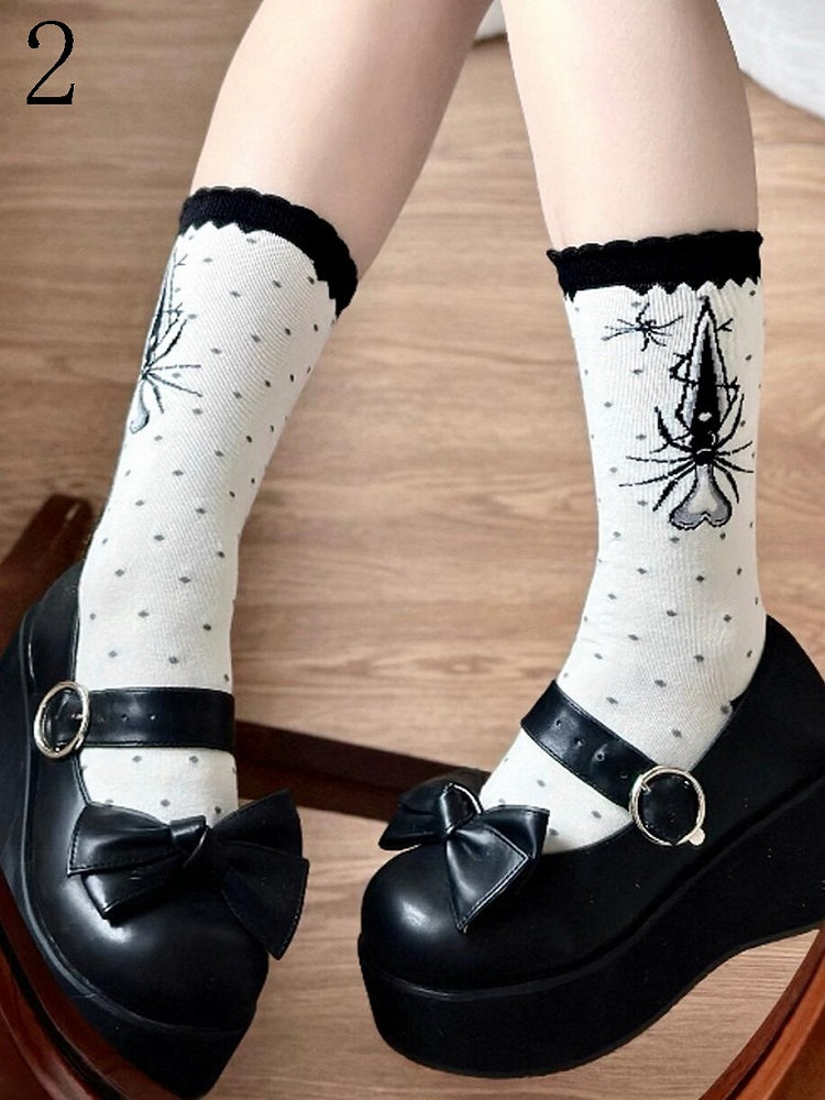 Polka-dot Sword Calf Black Pattern Spider Lolita Socks