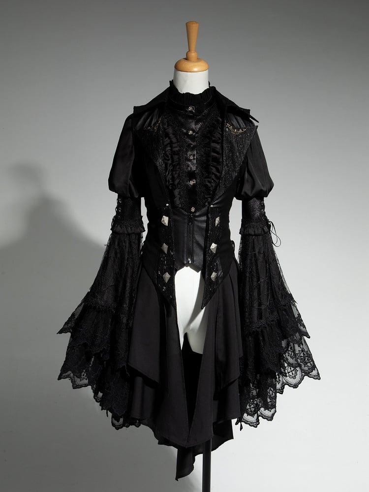 Lolita Ouji All Sleeves Tail Set Fashion Long Bell - Shirt + Waistcoat Black Gothic