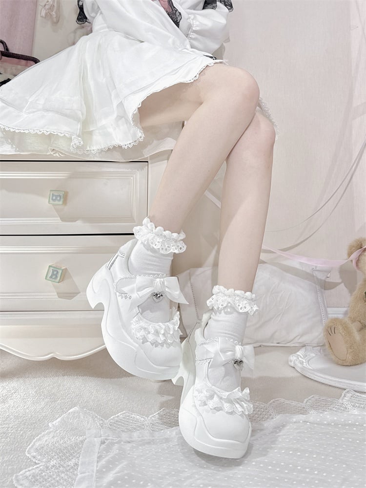 White Jirai Kei Velcro Platforms Lace Trim Bowknot Closures Strap
