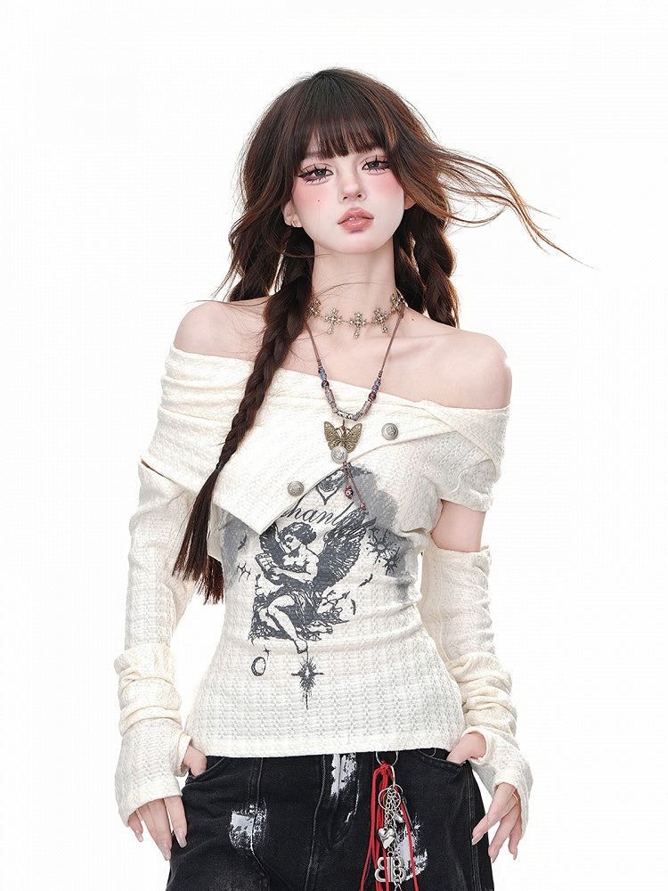Apricot/Black Asymmetrical Neckline Angel Print Detachable Buttons Glamorous Knitted Top