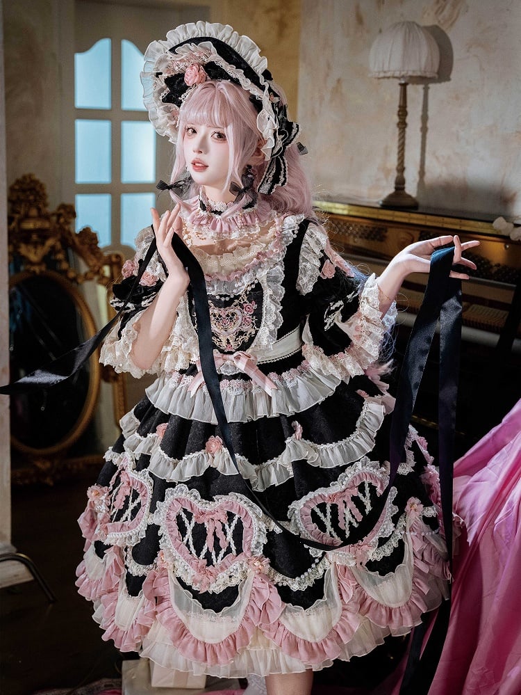 Black Hanayome Rosette Embroidery Floral and Bead Chain Lolita OP Full Set