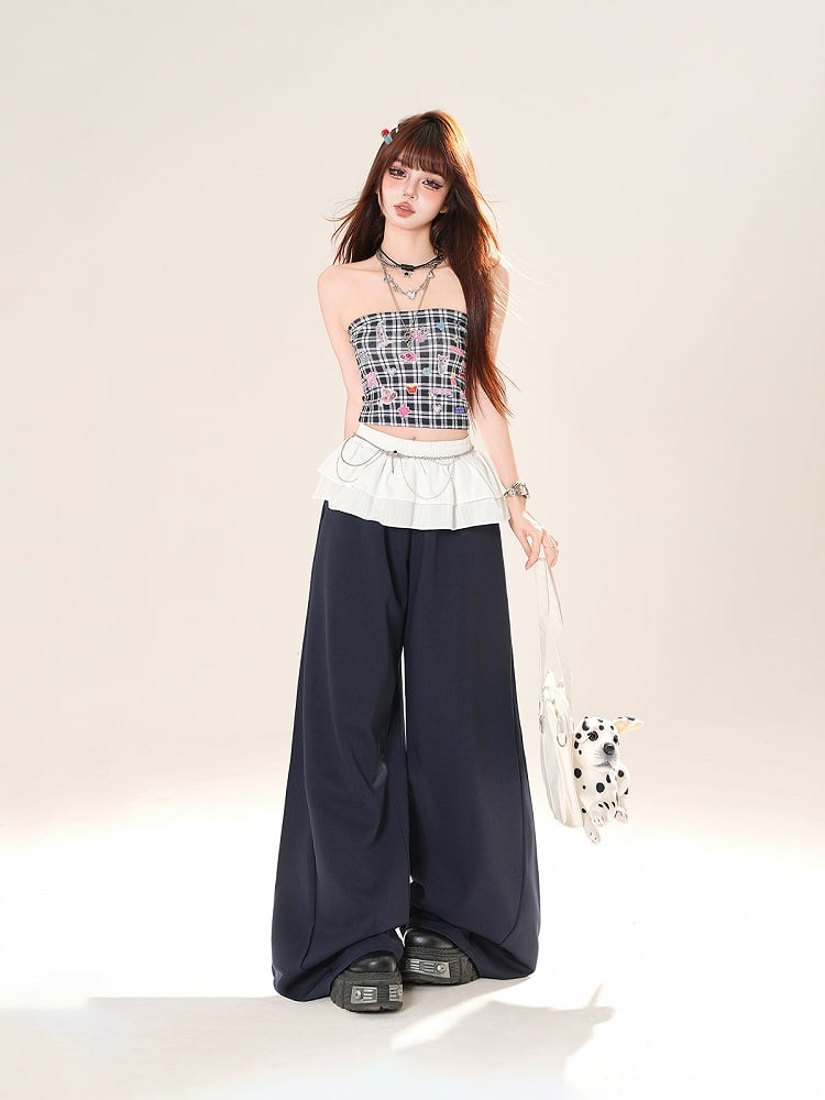 Navy Blue Loose Wide-leg Casual Pants