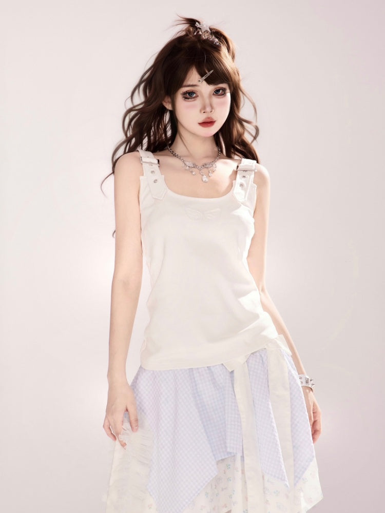 Shoulder White Angel Wings Design Back Tank Top Adjustable Straps
