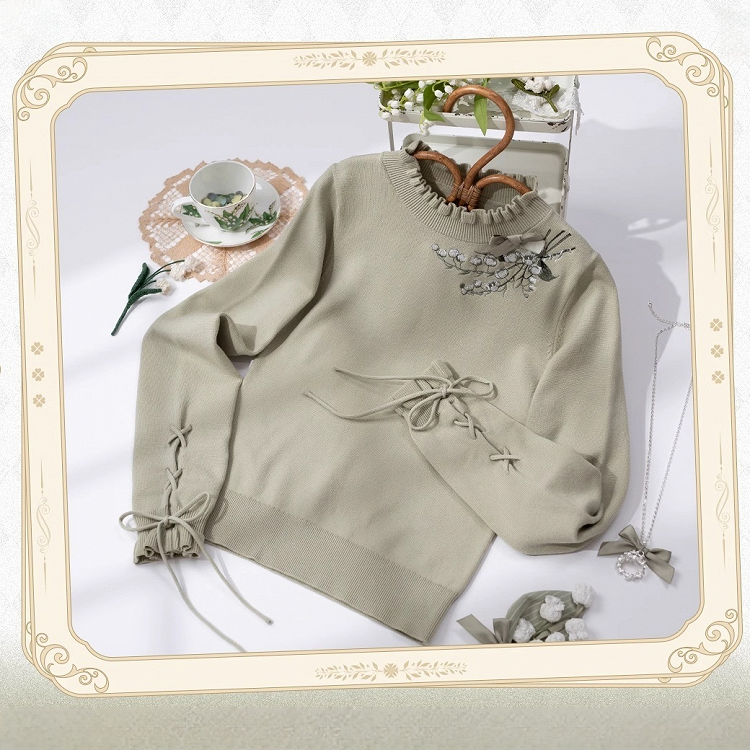 Lace-up Autumn Cuffs the Knit Lily Valley Green of Embroidery Top