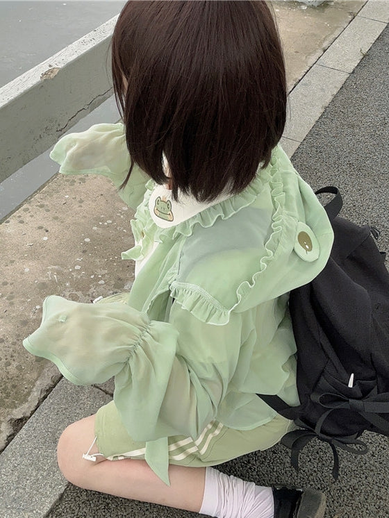 Semi-sheer Frog Hood Sun Protection Top Light Green Chiffon