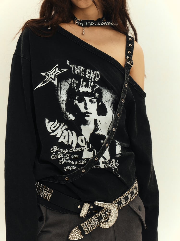 Cutout Shoulder Top Y2K Punk Black Asymmetrical