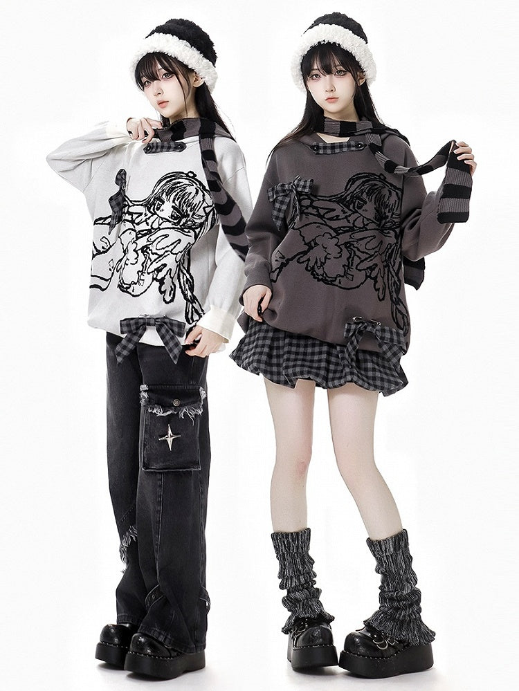 White/Grey Little Cartoon Girl Hooded Sweater