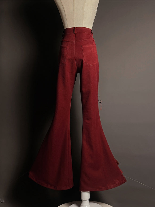 Pants Cuffs Red Lace Tiered Patches Flared