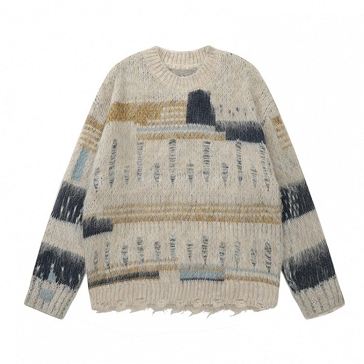 Kaffee/Aprikose Patchwork Distressed Holes Lockerer Pullover