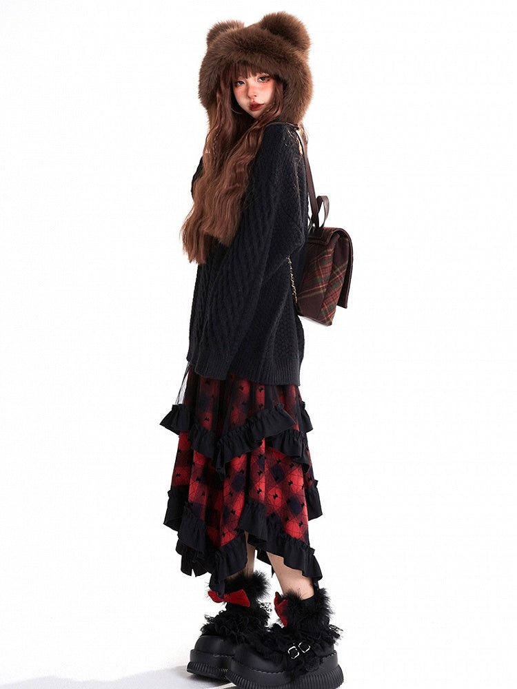 Pattern Skirt Hem Bowknots Plaid Handkerchief Red