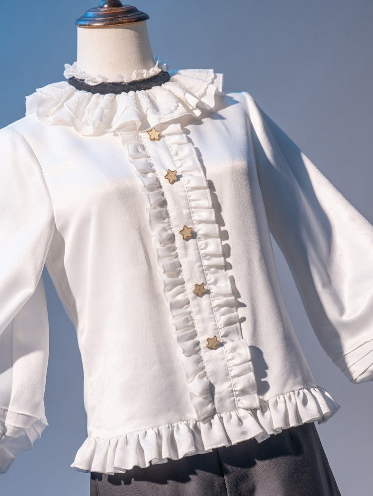 Schwarz-weißes Ouji-Lolita-Komplettset – weißes Hemd + schwarze Shorts + schwarze Robe mit Musiknoten-Aufdruck