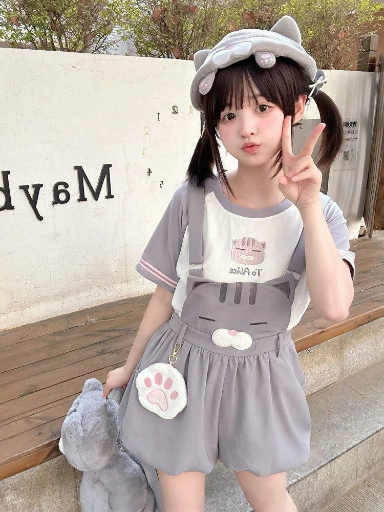 Shorts Bubble Overalls Adorable Kitty Pattern Gray