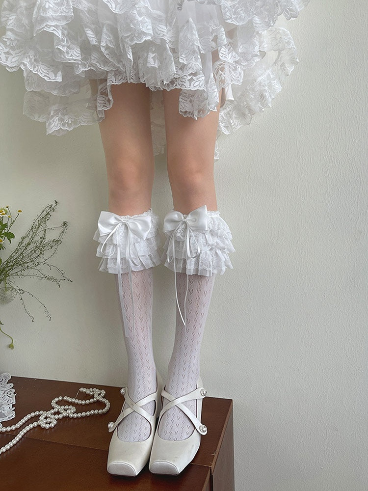 Bowknot Trims White/Black Print Underknee Stockings Lace Ruffle Heart