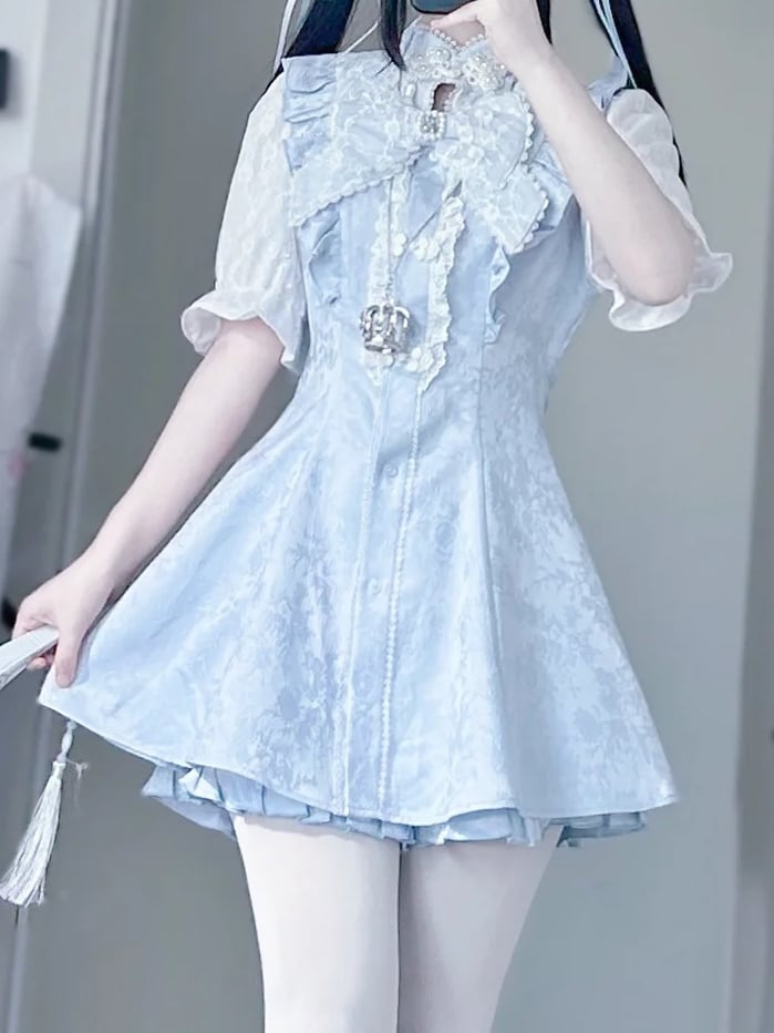 Jirai Blue Tie+Hairclips Light Kei Y2K Sleeves Dress+Shorts+Bow Set-Cheongsam Collar Short