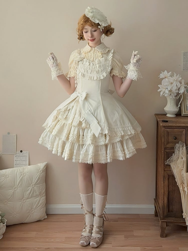 Beige Elegant Slim Fit Waist Tiered Skirt Lolita Jumper Skirt