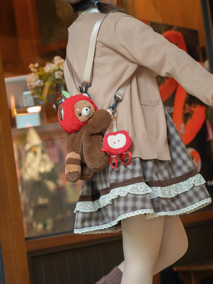 + Apple Red Backpack/Crossbody Brown 28/40 cm Panda/Apple Bag Cute Keychain Plush Hat Panda